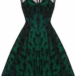 Korting 🔥 Jawbreaker Flare Jurk -XXL- Taffeta Jurk Kante Bloemen Groen/Zwart 😀