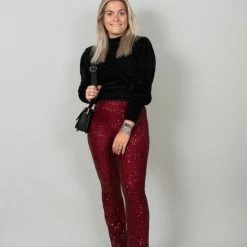 Uitgang ✨ Merkloos Rosie Pailletten Flared Broek | Broek Dames | Pailletten | Stretch | Hoge Taille | Wijde Broekspijpen | Schijnt Niet Door | Party | Kerst | Feestdagen | Fashion | Kleur Rood | Maat S/M 👍