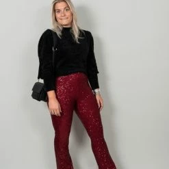 Uitgang ✨ Merkloos Rosie Pailletten Flared Broek | Broek Dames | Pailletten | Stretch | Hoge Taille | Wijde Broekspijpen | Schijnt Niet Door | Party | Kerst | Feestdagen | Fashion | Kleur Rood | Maat S/M 👍 -Dameskleding Verkoopwinkel 550x825 255